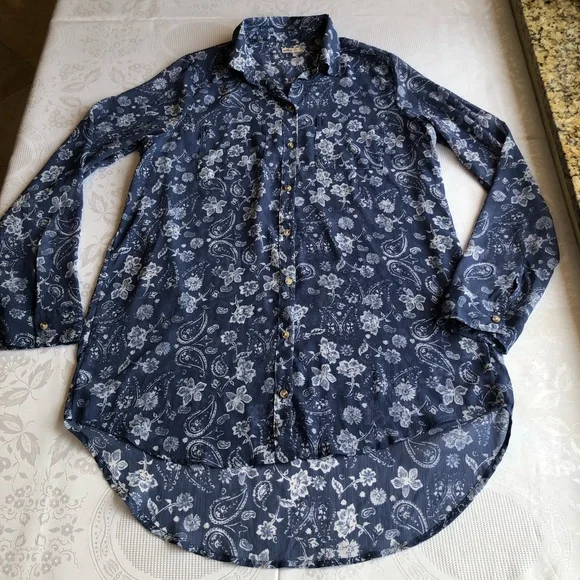 Hollister Blue/White Floral High-Low Shirt Dress Women’s Size M Long Sleeves Top - Picture 13 of 16